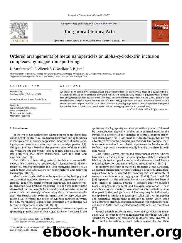 Ordered arrangements of metal nanoparticles on alpha-cyclodextrin inclusion complexes by magnetron sputtering by L. Barrientos & P. Allende & C. Orellana & P. Jara