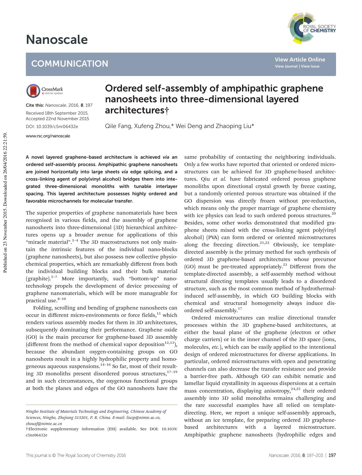 Ordered self-assembly of amphipathic graphene nanosheets into three-dimensional layered architectures by Qile Fang Xufeng Zhou Wei Deng Zhaoping Liu