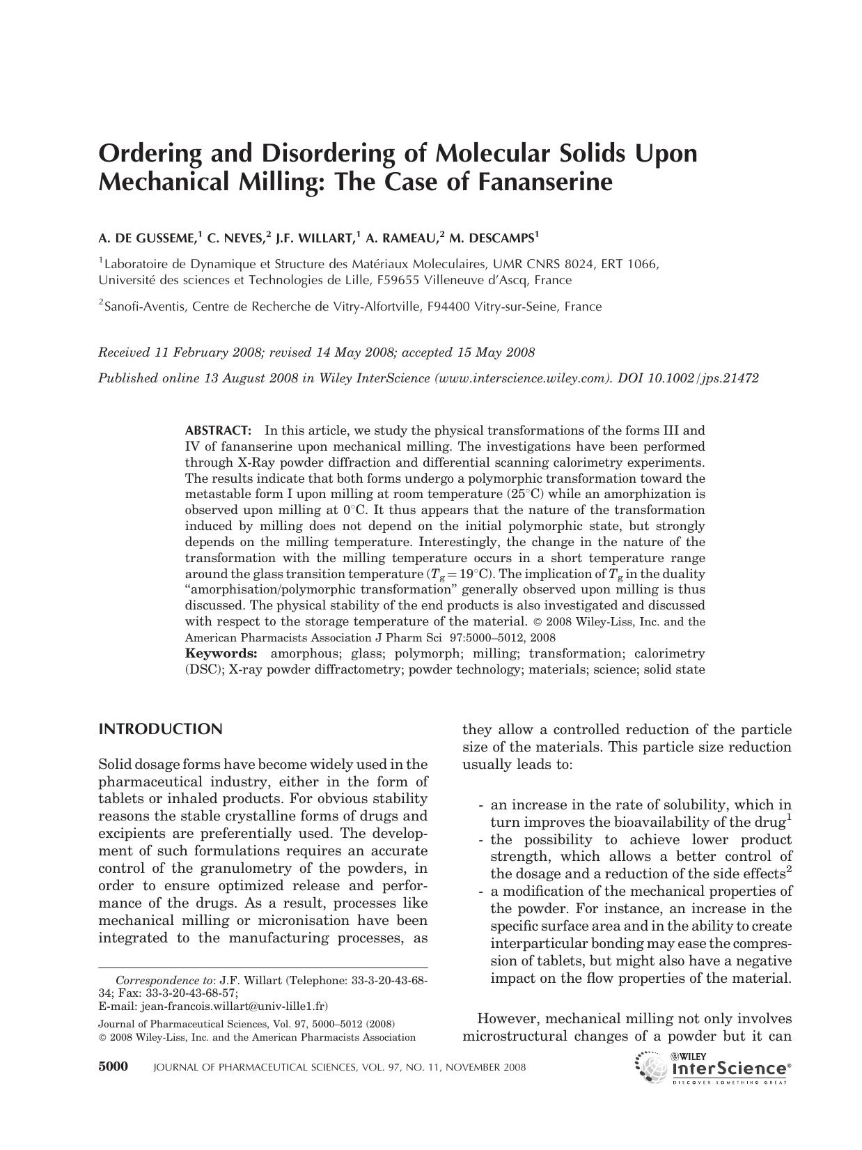 Ordering and disordering of molecular solids upon mechanical milling: The case of fananserine by Unknown