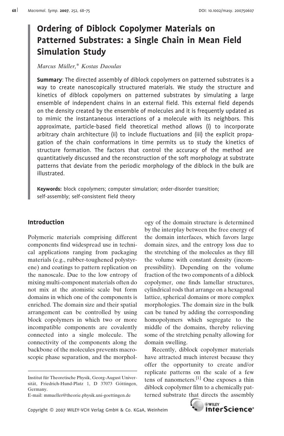 Ordering of Diblock Copolymer Materials on Patterned Substrates: a Single Chain in Mean Field Simulation Study by Unknown