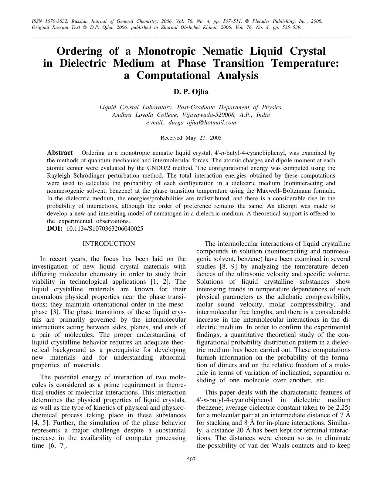 Ordering of a monotropic nematic liquid crystal in dielectric medium at phase transition temperature: A computational analysis by Unknown