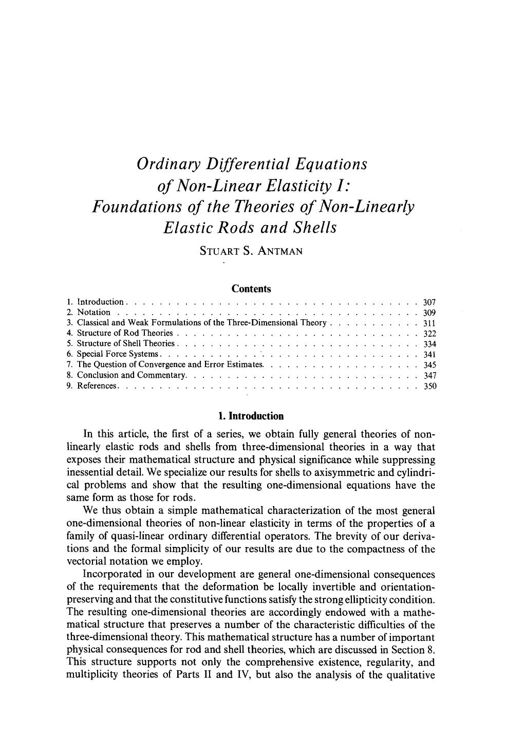 Ordinary differential equations of non-linear elasticity I: Foundations of the theories of non-linearly elastic rods and shells by Unknown