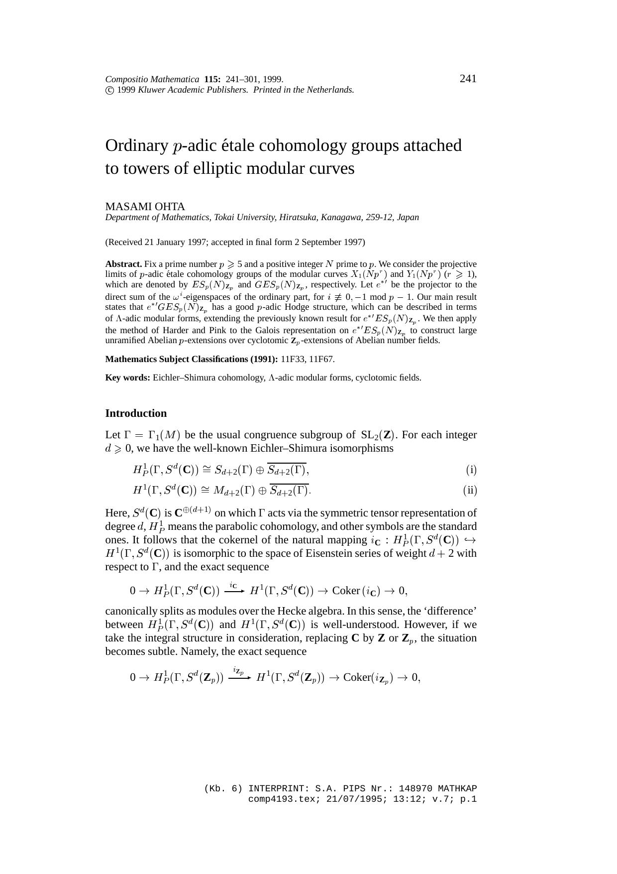 Ordinary p-adic étale Cohomology Groups Attached to Towers of Elliptic Modular Curves by Unknown