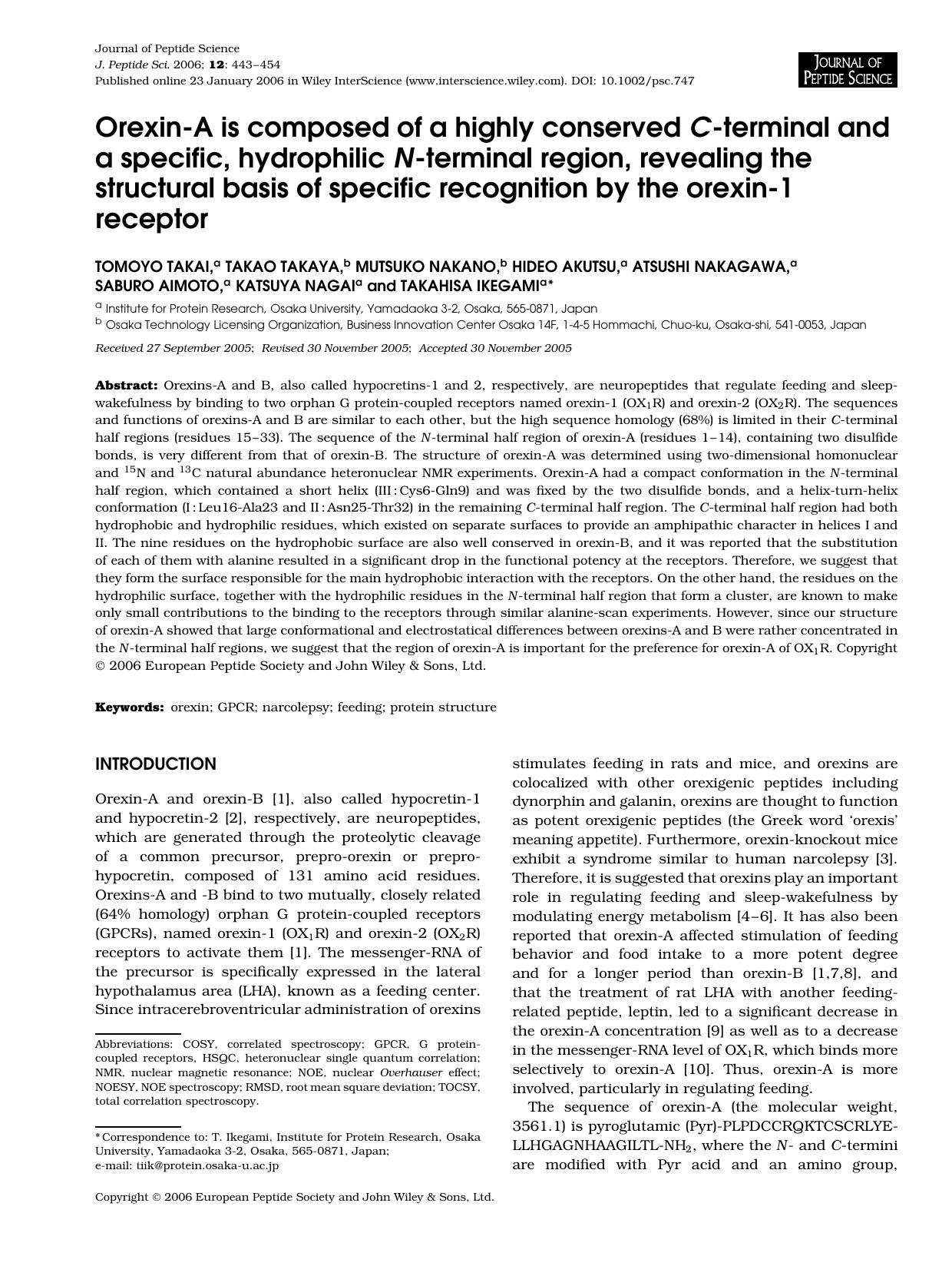 Orexin-A is composed of a highly conserved C-terminal and a specific, hydrophilic N-terminal region, revealing the structural basis of specific recognition by the orexin-1 receptor by Unknown