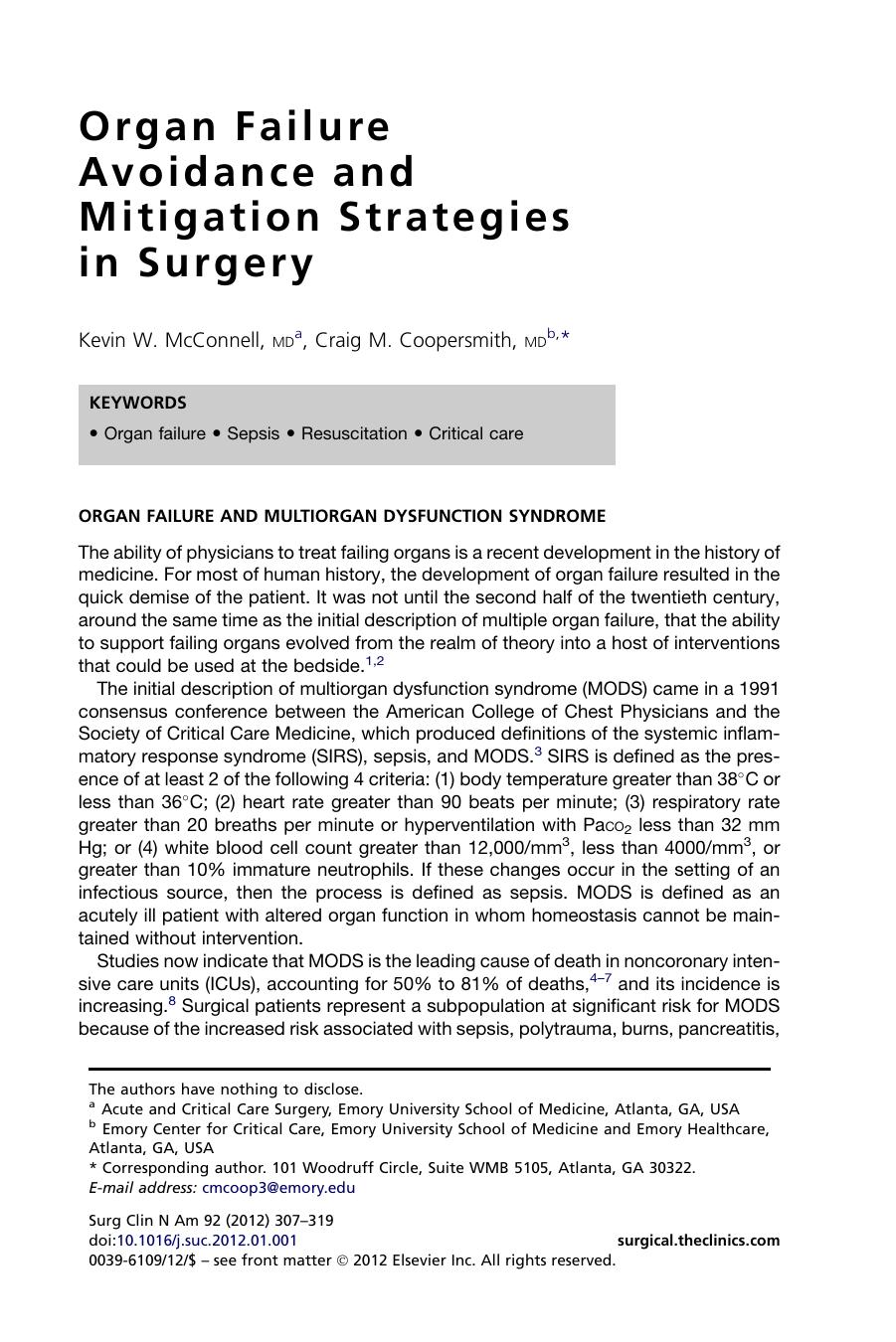 Organ Failure Avoidance and Mitigation Strategies in Surgery by Kevin W. McConnell MD & Craig M. Coopersmith MD