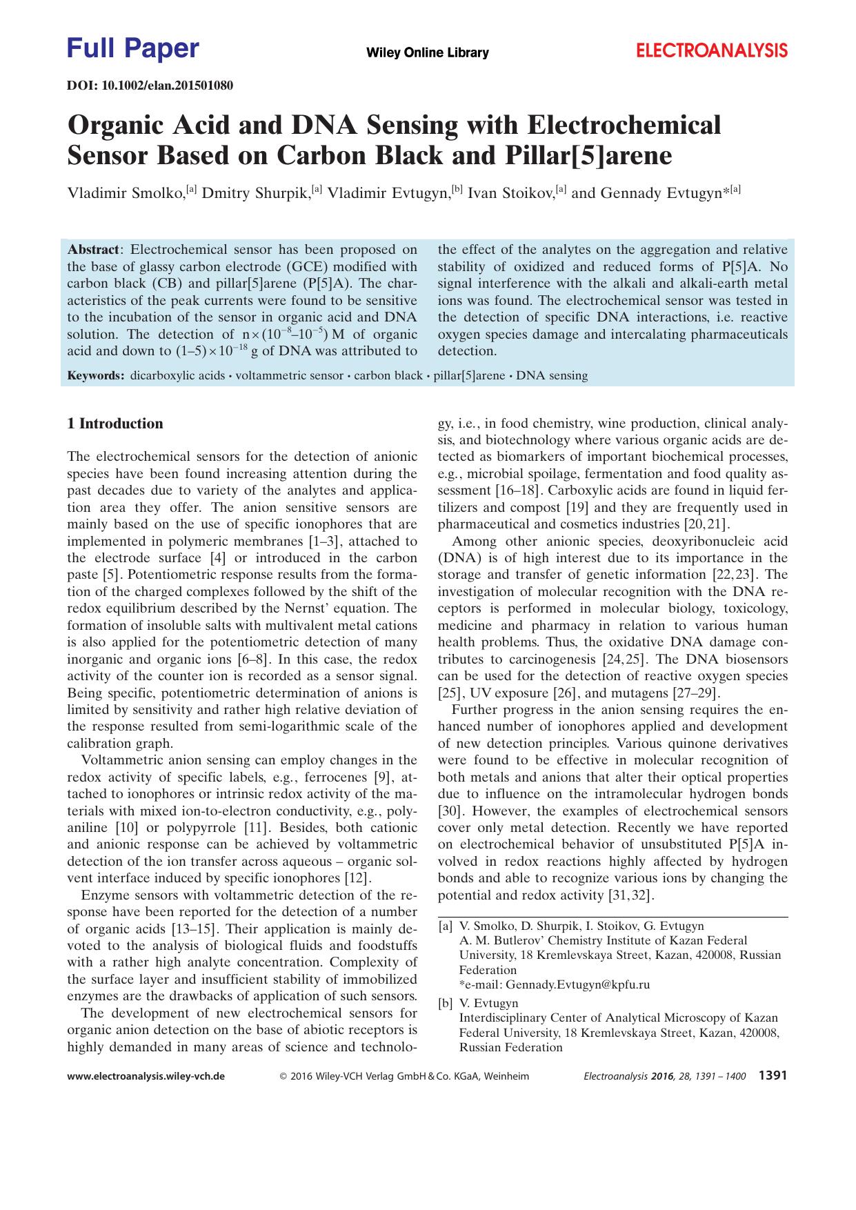 Organic Acid and DNA Sensing with Electrochemical Sensor Based on Carbon Black and Pillar[5]arene by Unknown