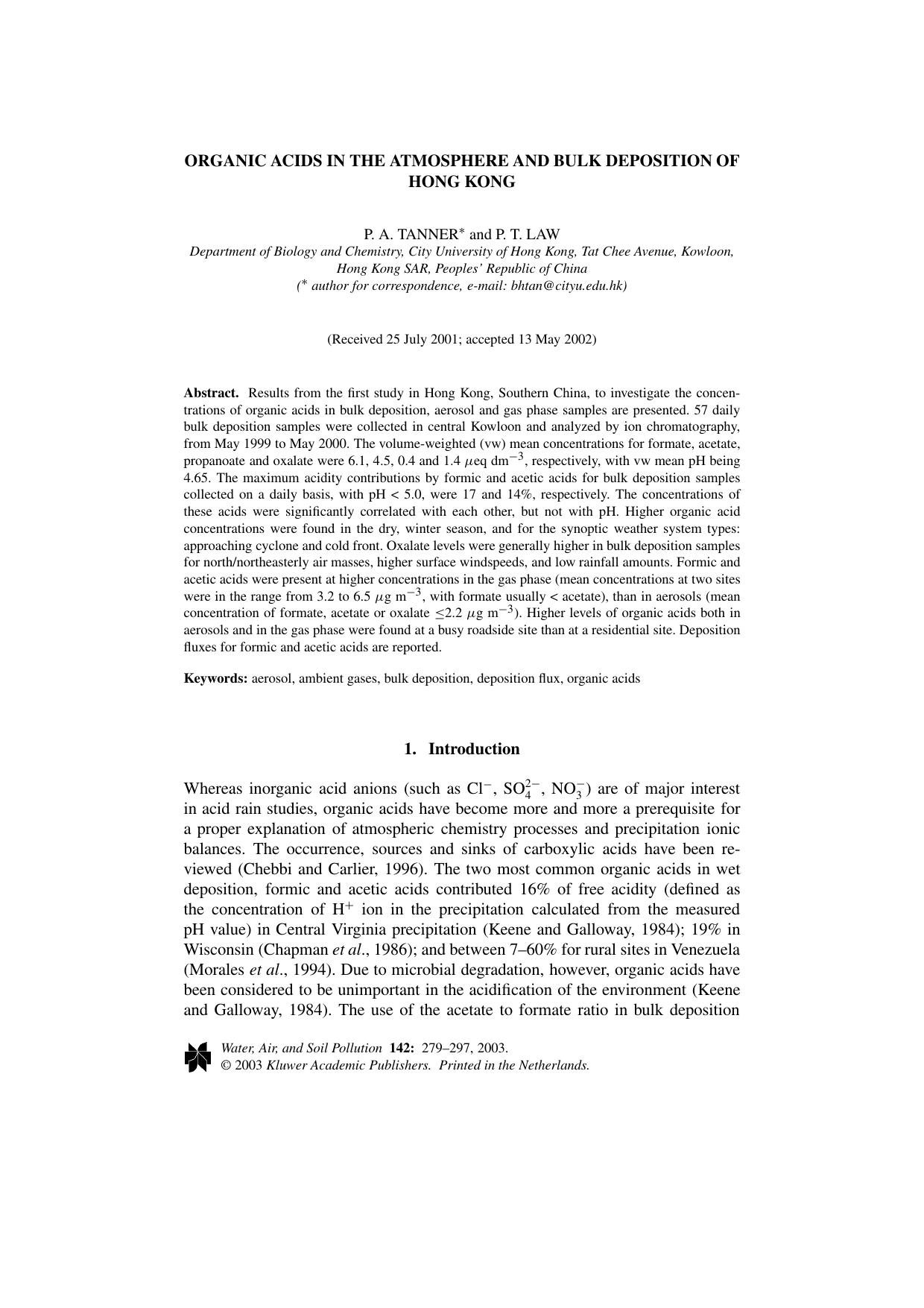 Organic Acids in the Atmosphere and Bulk Deposition of Hong Kong by Unknown