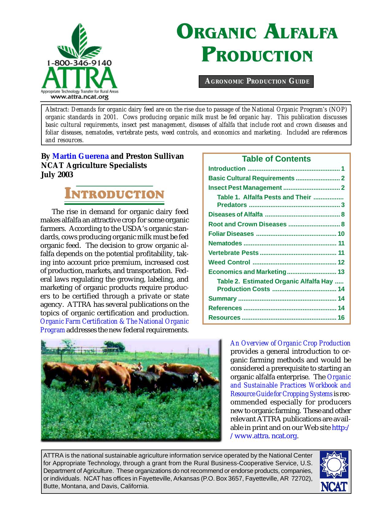 Organic Alfalfa Production ~ PDF by Martin Guerena and Preston Sullivan