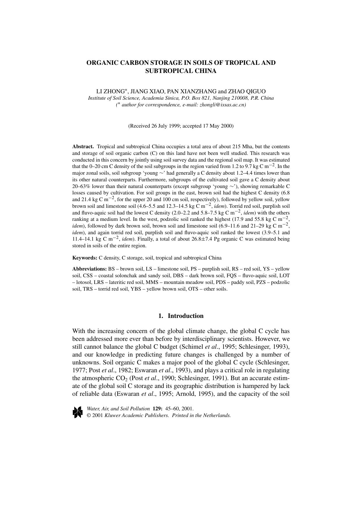 Organic Carbon Storage in Soils of Tropical and Subtropical China by Unknown