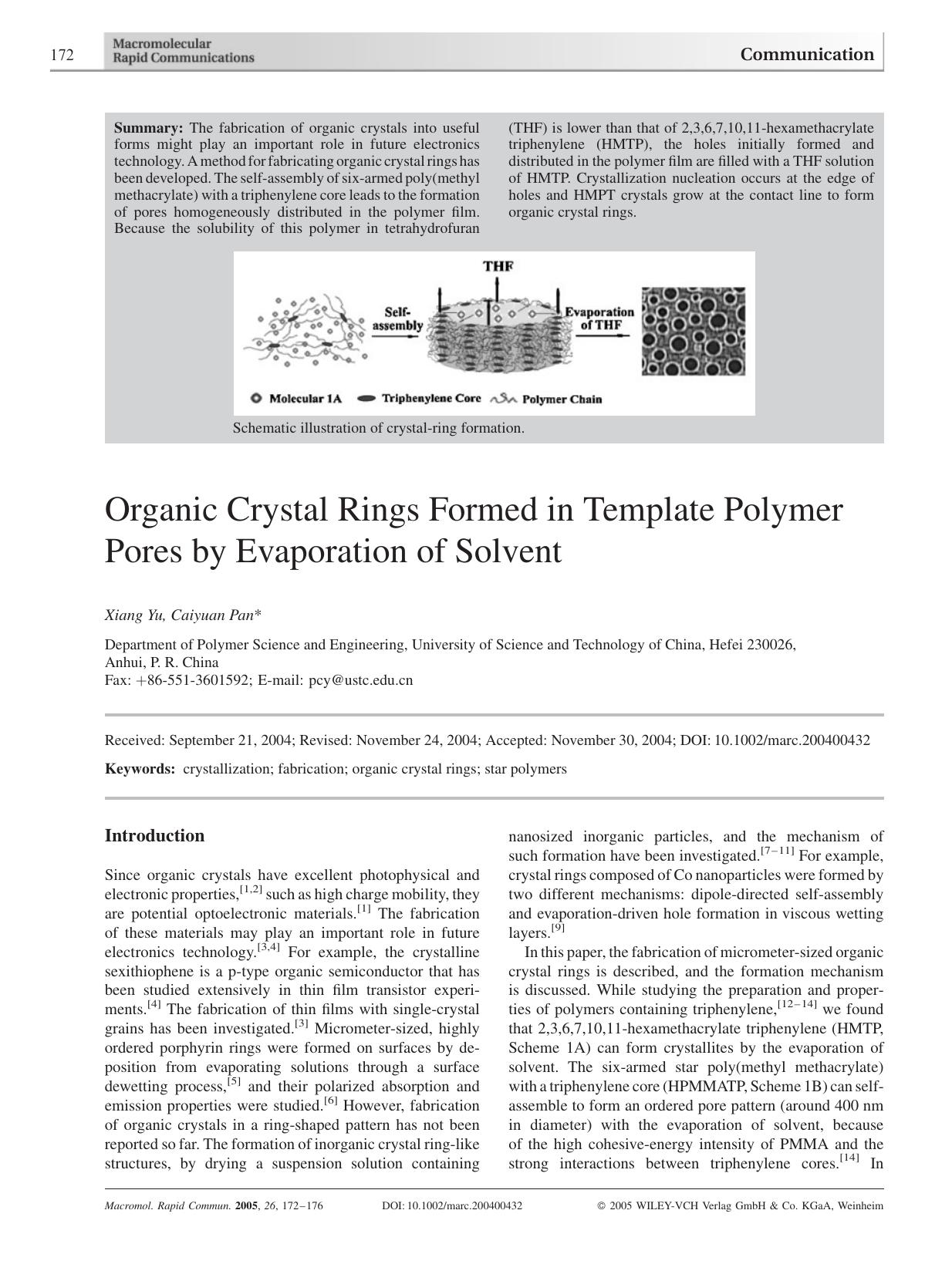 Organic Crystal Rings Formed in Template Polymer Pores by Evaporation of Solvent by Unknown
