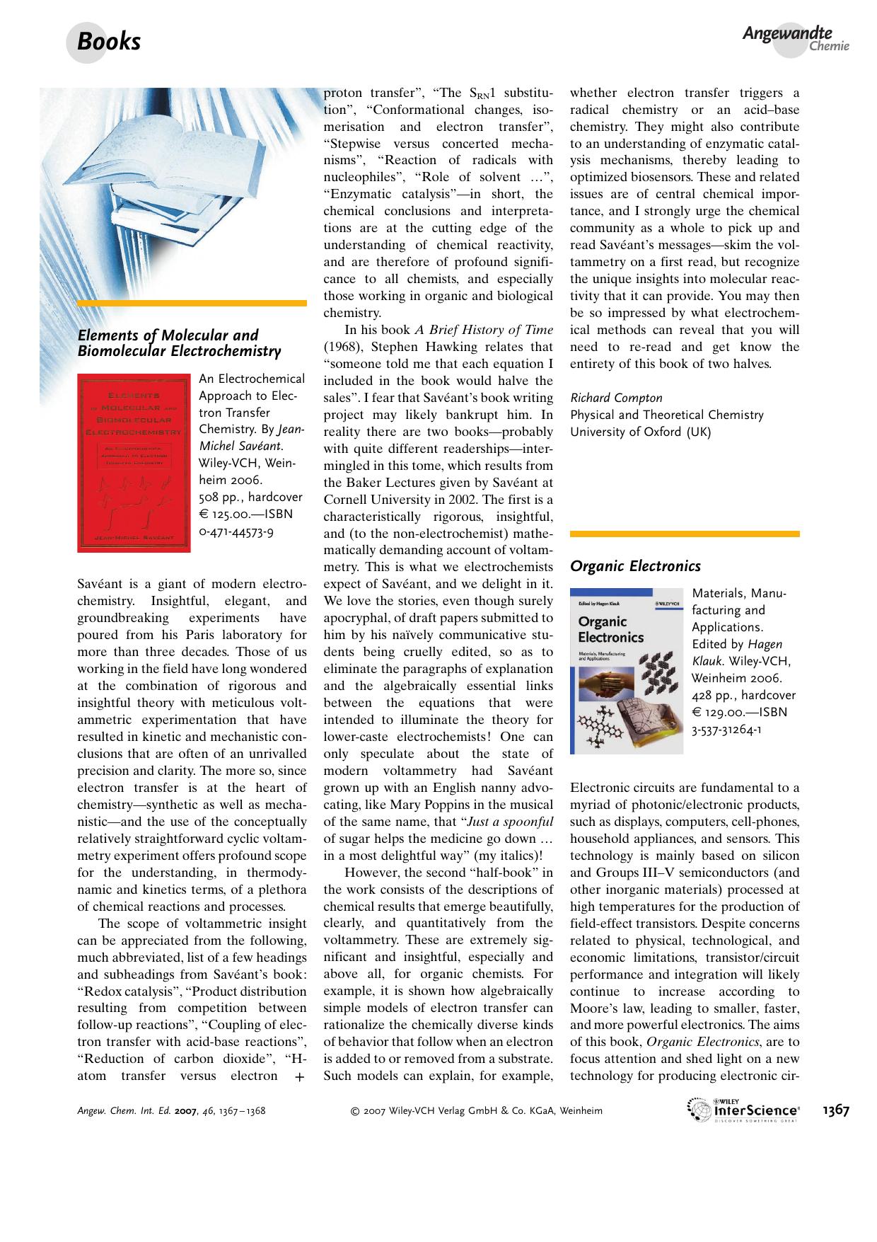 Organic Electronics. Materials, Manufacturing and Applications. Edited by Hagen Klauk. by Unknown