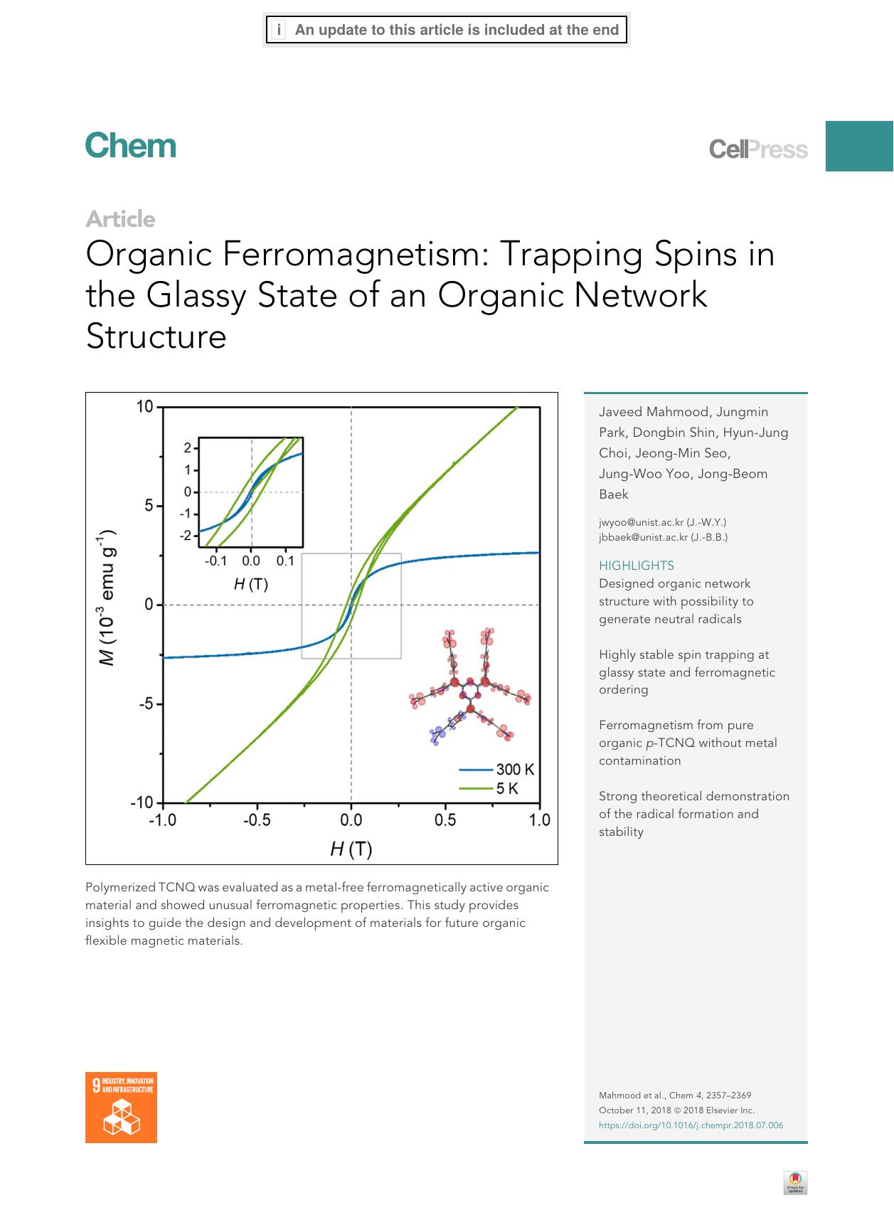 Organic Ferromagnetism: Trapping Spins in the Glassy State of an Organic Network Structure by unknow