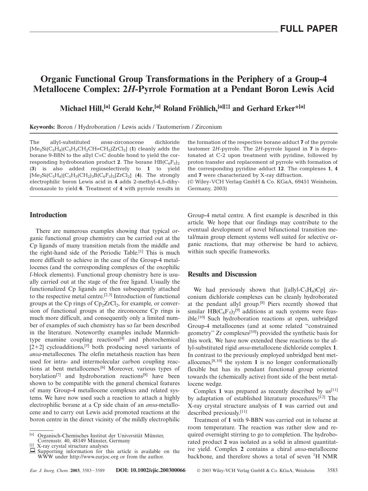 Organic Functional Group Transformations in the Periphery of a Group-4 Metallocene Complex: 2H-Pyrrole Formation at a Pendant Boron Lewis Acid by Unknown