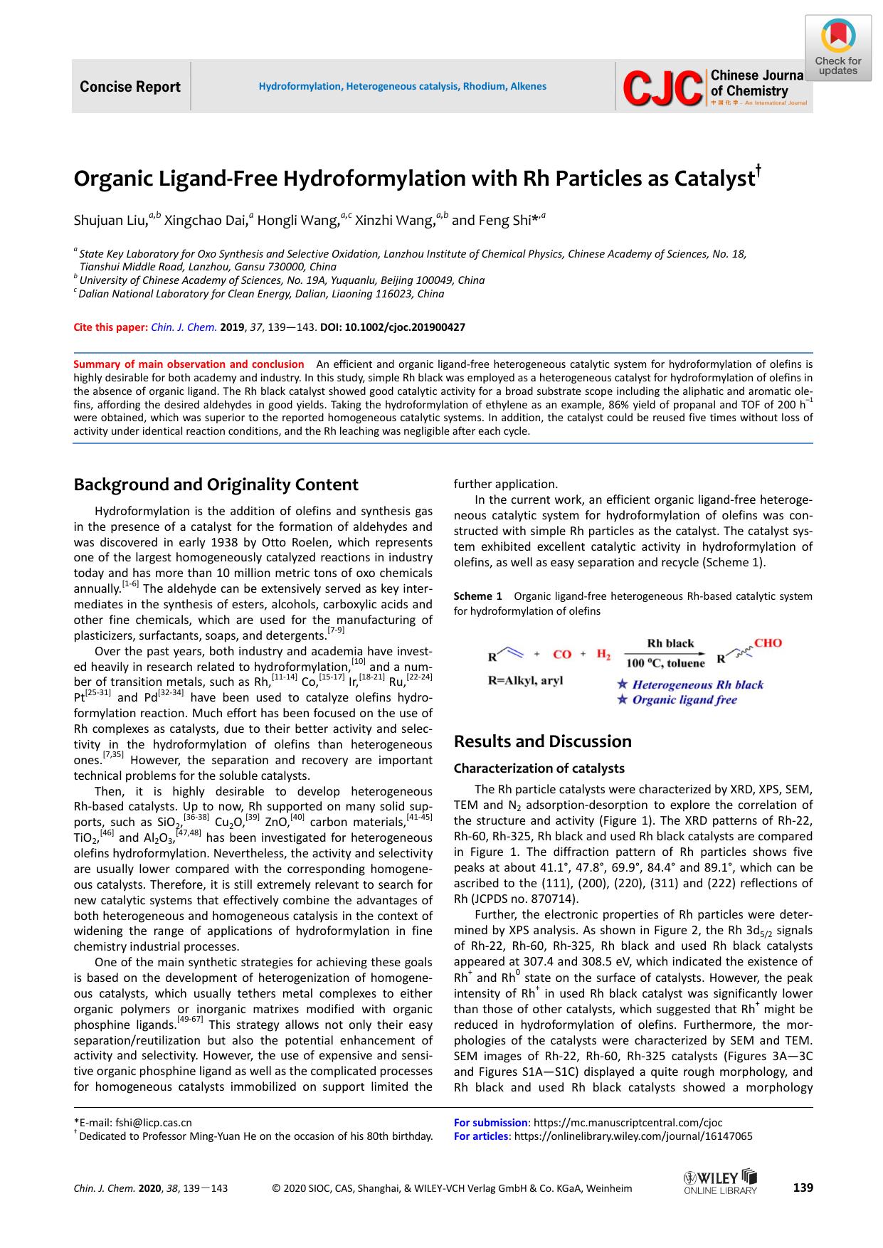 Organic LigandâFree Hydroformylation with Rh Particles as Catalystâ  by unknown