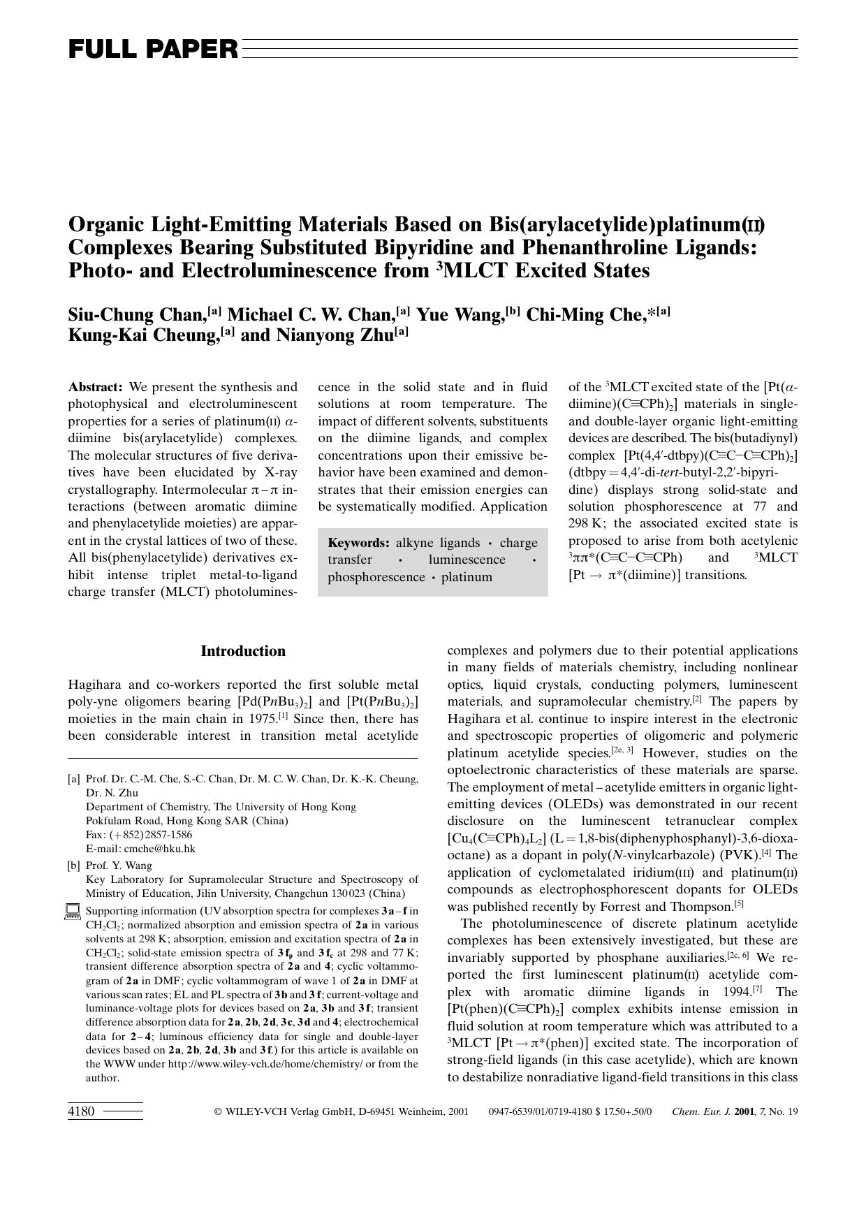 Organic Light-Emitting Materials Based on Bis(arylacetylide)platinum(II) Complexes Bearing Substituted Bipyridine and Phenanthroline Ligands: Photo- and Electroluminescence from 3MLCT Excited States by Unknown