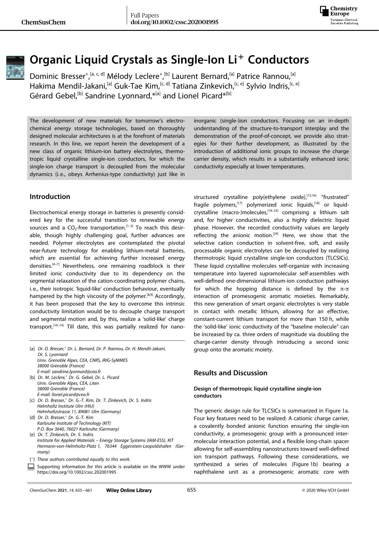 Organic Liquid Crystals as SingleâIon Li+ Conductors by Unknown
