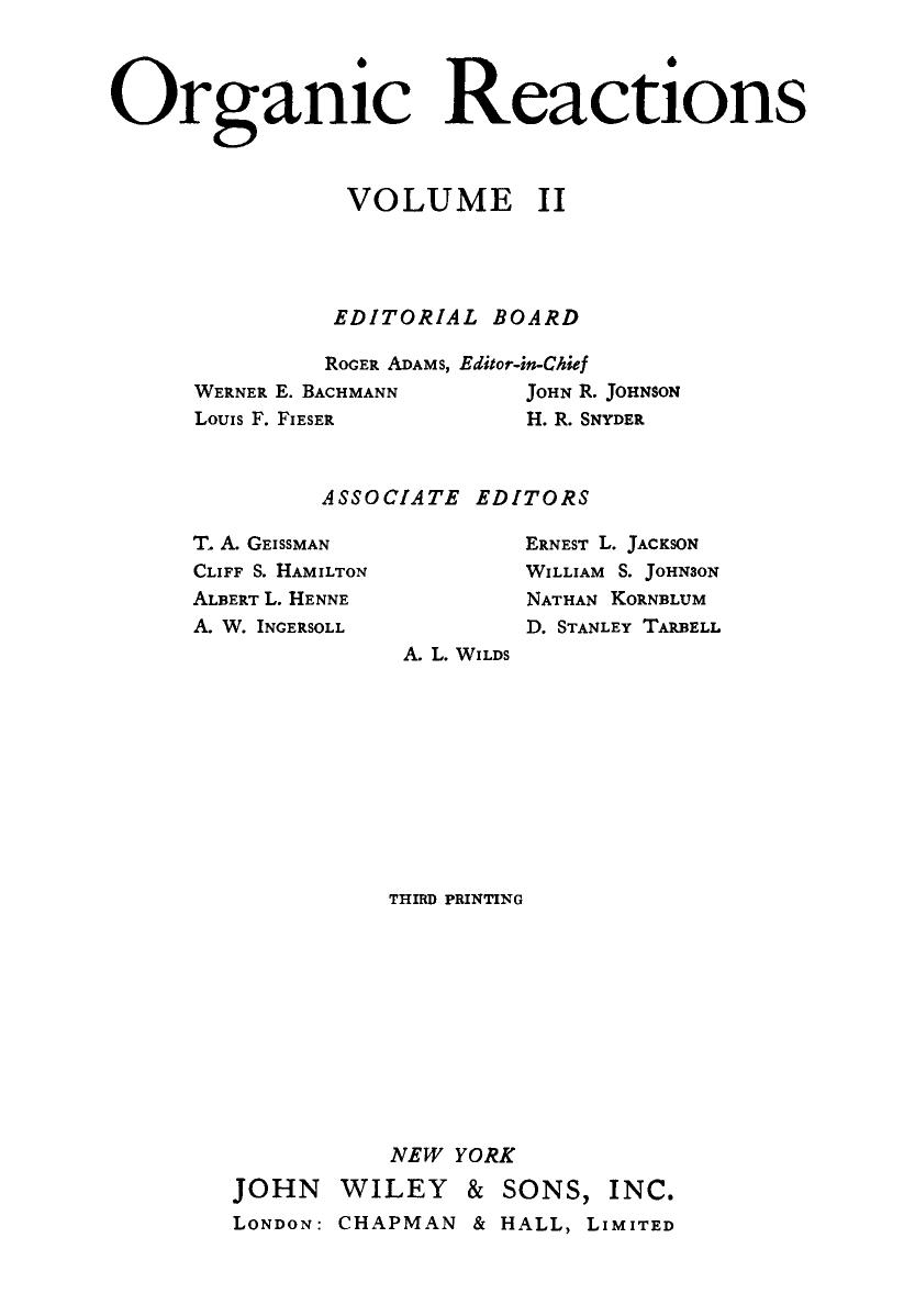 Organic Reactions - Volume 2 by Roger Adams Editor-in-Chief