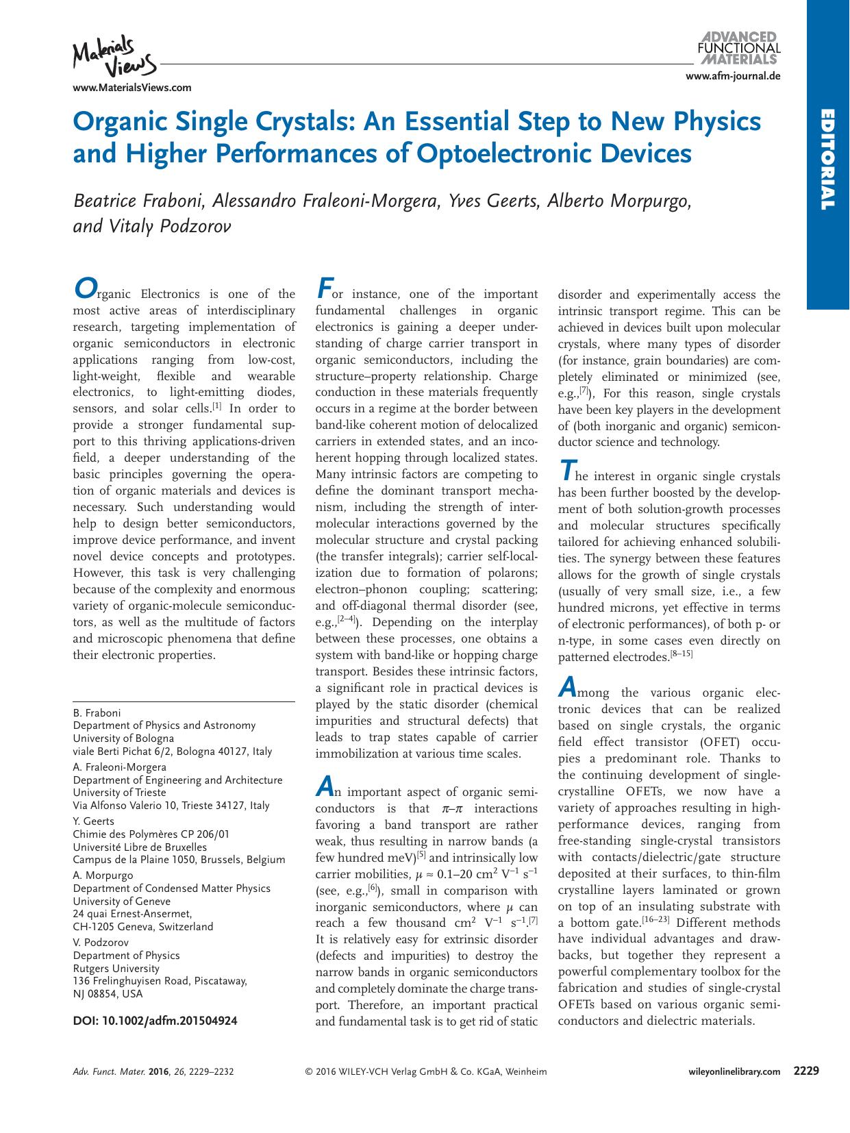 Organic Single Crystals: An Essential Step to New Physics and Higher Performances of Optoelectronic Devices by Unknown