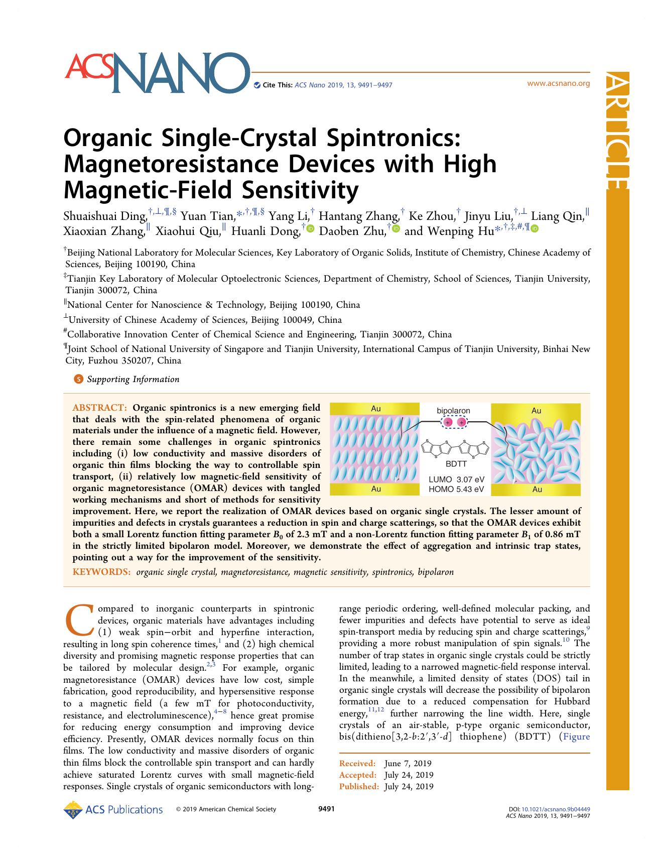 Organic Single-Crystal Spintronics: Magnetoresistance Devices with High Magnetic-Field Sensitivity by unknow