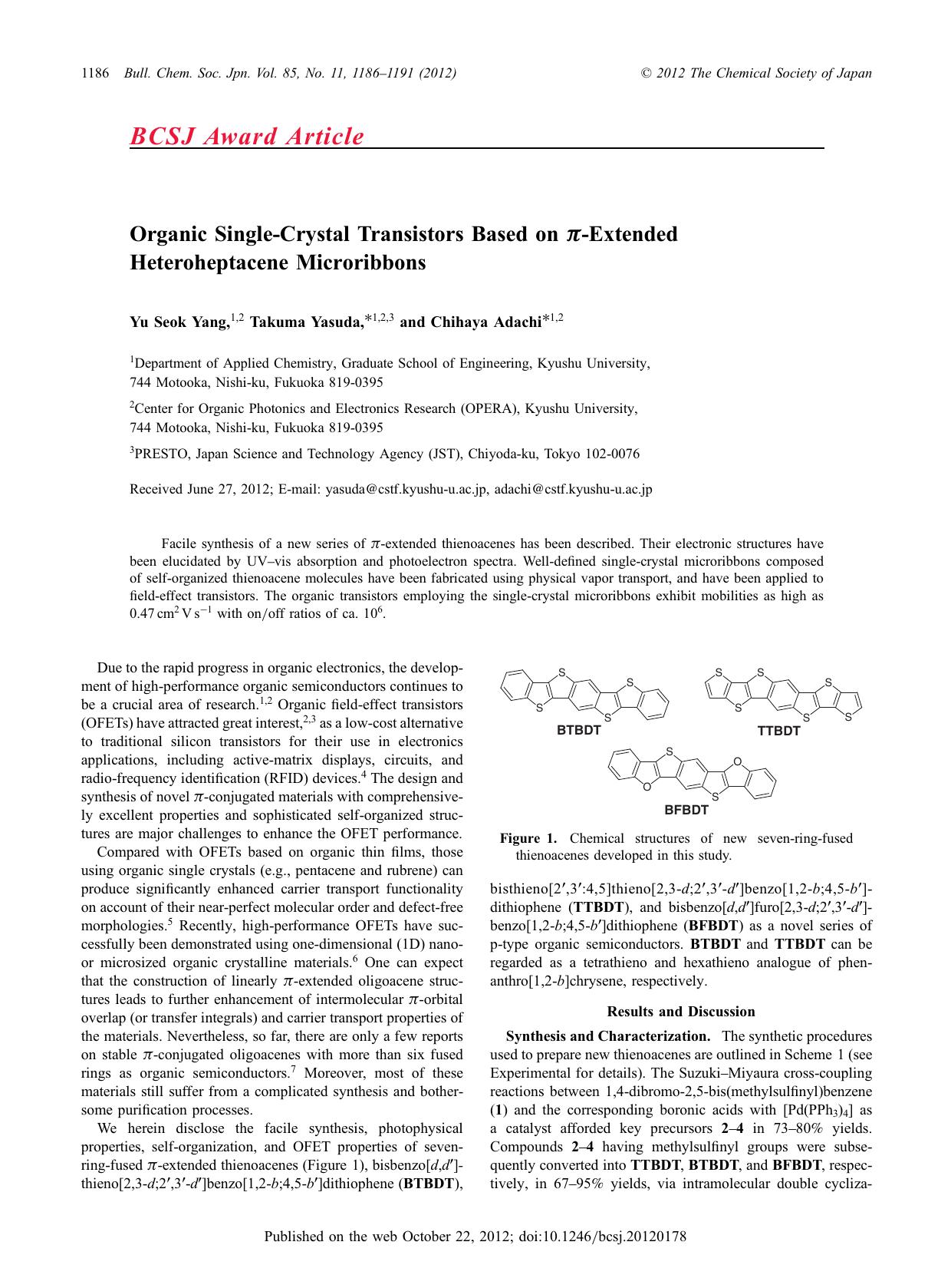Organic Single-Crystal Transistors Based on π-Extended Heteroheptacene Microribbons by Yu Seok Yang Takuma Yasuda Chihaya Adachi