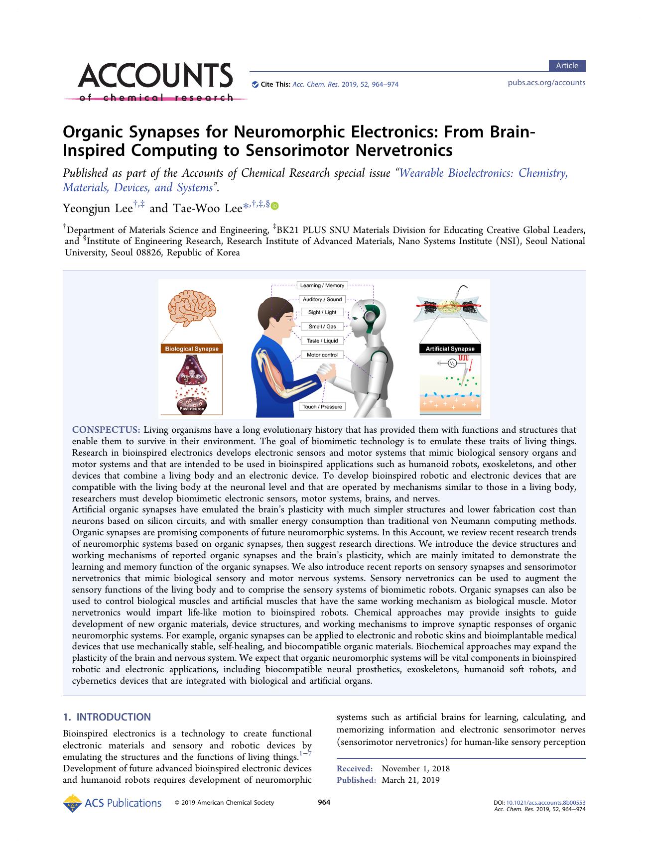 Organic Synapses for Neuromorphic Electronics: From Brain-Inspired Computing to Sensorimotor Nervetronics by Yeongjun Lee; Tae-Woo Lee & Tae-Woo Lee