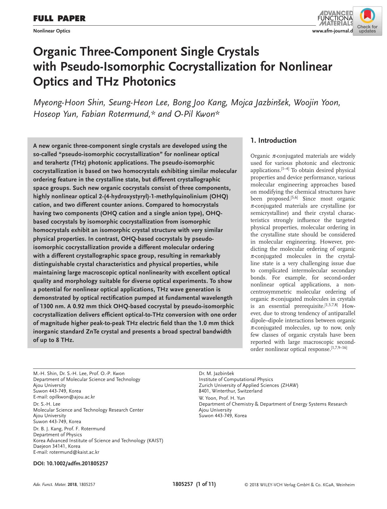 Organic ThreeâComponent Single Crystals with PseudoâIsomorphic Cocrystallization for Nonlinear Optics and THz Photonics by Unknown