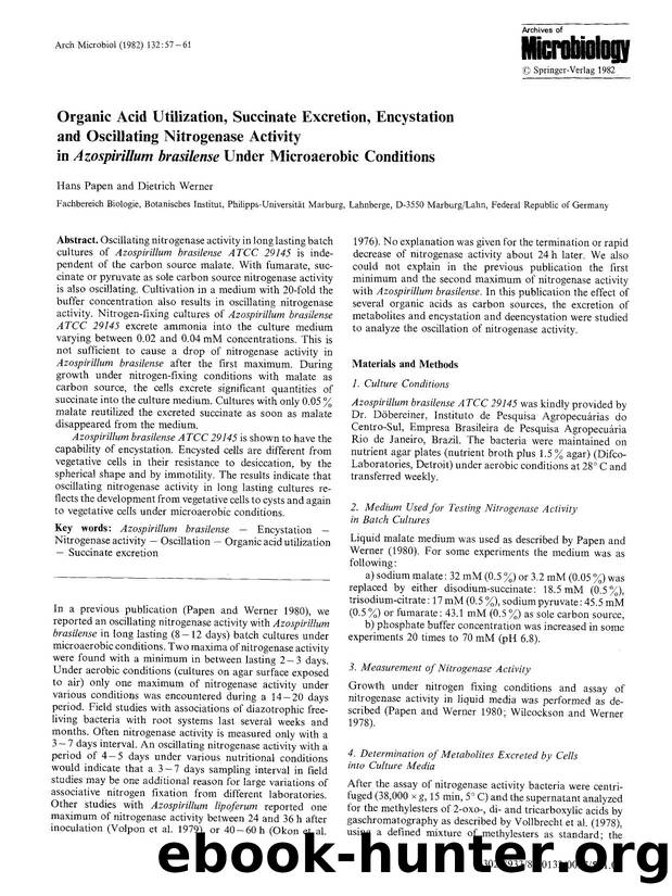 Organic acid utilization, succinate excretion, encystation and oscillating nitrogenase activity in <Emphasis Type="Italic">Azospirillum brasilense <Emphasis> under microaerobic conditions by Unknown