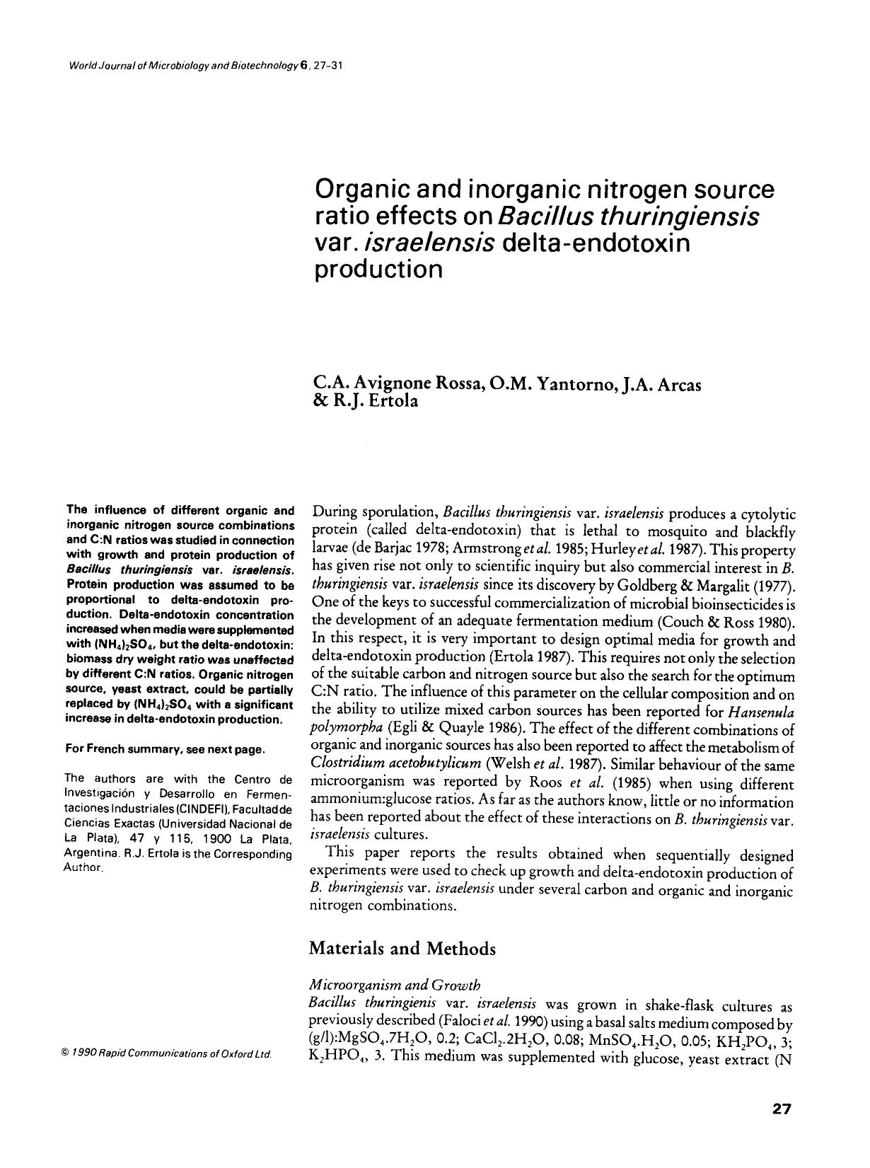 Organic and inorganic nitrogen source ratio effects on <Emphasis Type="Italic">Bacillus thuringiensis <Emphasis> var. <Emphasis Type="Italic">israelensis <Emphasis> delta-endotoxin production by Unknown