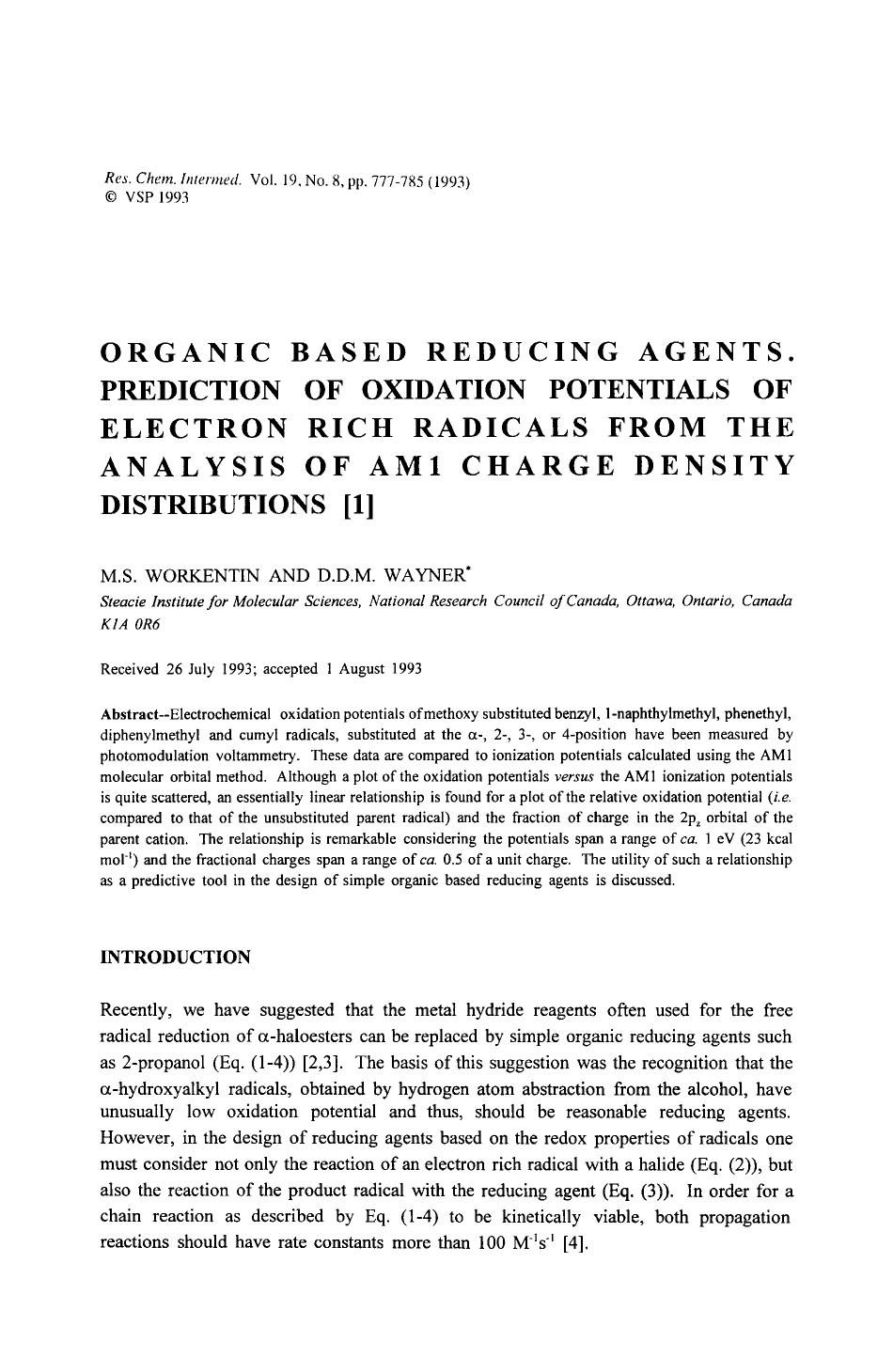 Organic based reducing agents. Prediction of oxidation potentials of Election rich radicals from the Analysis of AM1 charge density Distributions [1] by Unknown