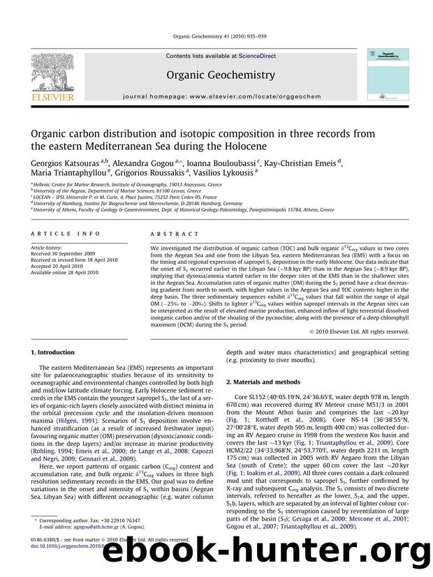 Organic carbon distribution and isotopic composition in three records from the eastern Mediterranean Sea during the Holocene by unknow