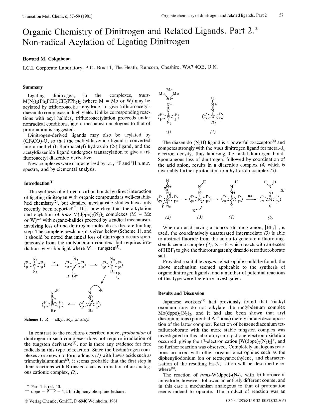 Organic chemistry of dinitrogen and related ligands. Part 2. Non-radical acylation of ligating dinitrogen by Unknown