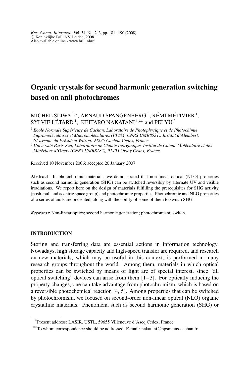 Organic crystals for second harmonic generation switching based on anil photochromes by Unknown