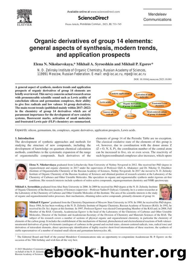 Organic derivatives of group 14 elements: General aspects of synthesis, modern trends, and application prospects by Elena N. Nikolaevskaya & Mikhail A. Syroeshkin & Mikhail P. Egorov
