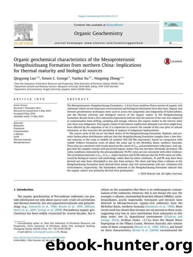 Organic geochemical characteristics of the Mesoproterozoic Hongshuizhuang Formation from northern China: Implications for thermal maturity and biological sources by Qingyong Luo & Simon C. George & Yaohui Xu & Ningning Zhong