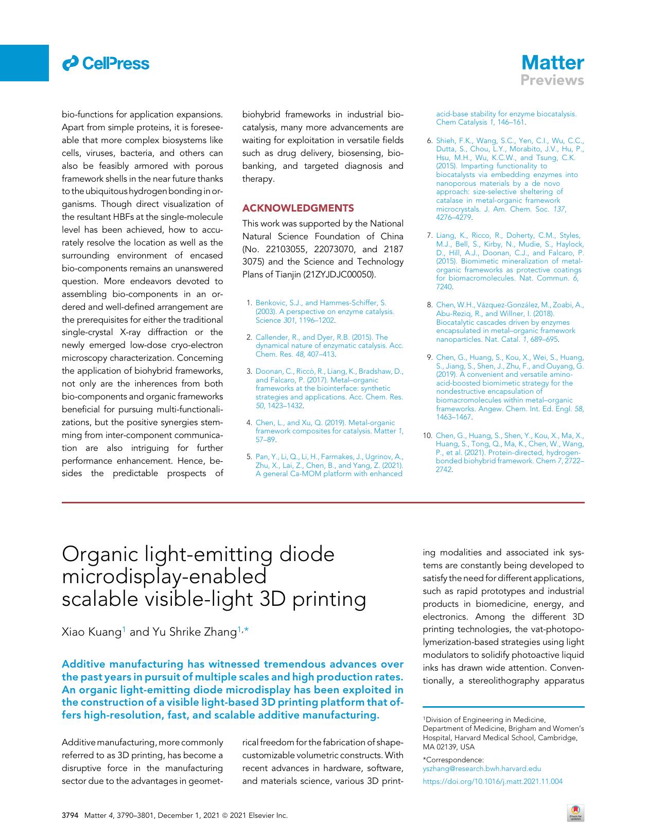Organic light-emitting diode microdisplay-enabled scalable visible-light 3D printing by Xiao Kuang & Yu Shrike Zhang