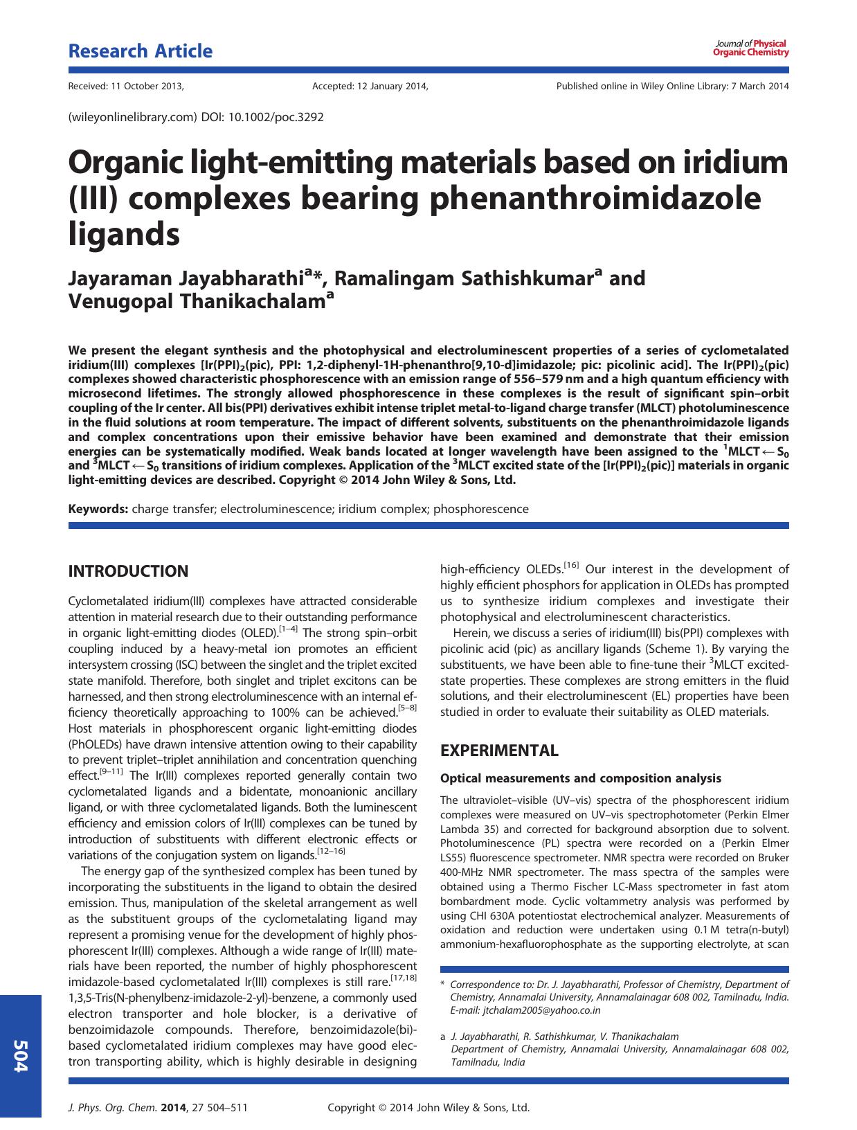 Organic light-emitting materials based on iridium(III) complexes bearing phenanthroimidazole ligands by Jayaraman Jayabharathi & Ramalingam Sathishkumar & Venugopal Thanikachalam