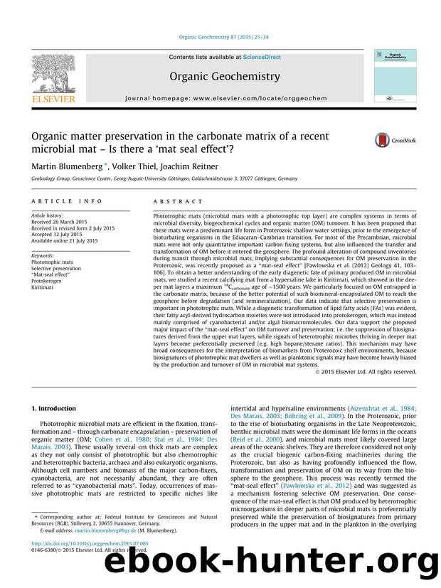 Organic matter preservation in the carbonate matrix of a recent microbial mat Ã¢â¬â Is there a Ã¢â¬Ëmat seal effectÃ¢â¬â¢? by Martin Blumenberg & Volker Thiel & Joachim Reitner