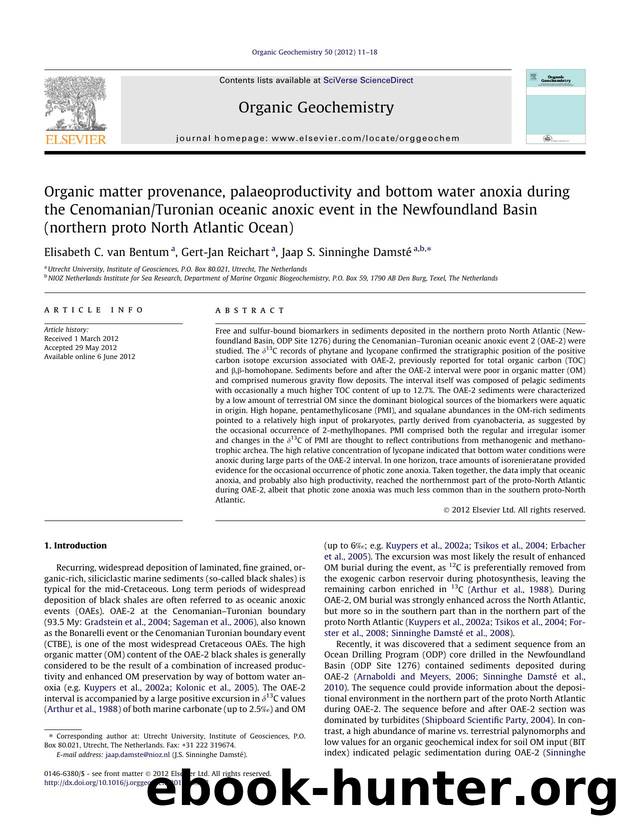 Organic matter provenance, palaeoproductivity and bottom water anoxia during the CenomanianTuronian oceanic anoxic event in the Newfoundland Basin (northern proto North Atlantic Ocean) by Elisabeth C. van Bentum & Gert-Jan Reichart & Jaap S. Sinninghe Damsté