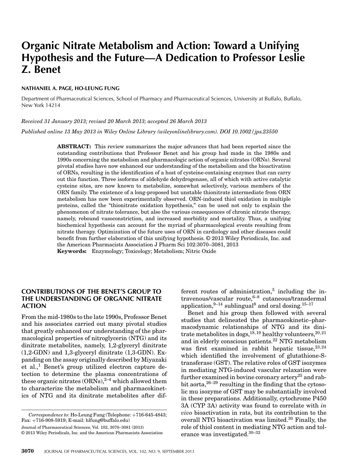 Organic nitrate metabolism and action: Toward a unifying hypothesis and the futurea dedication to Professor Leslie Z. Benet by Unknown