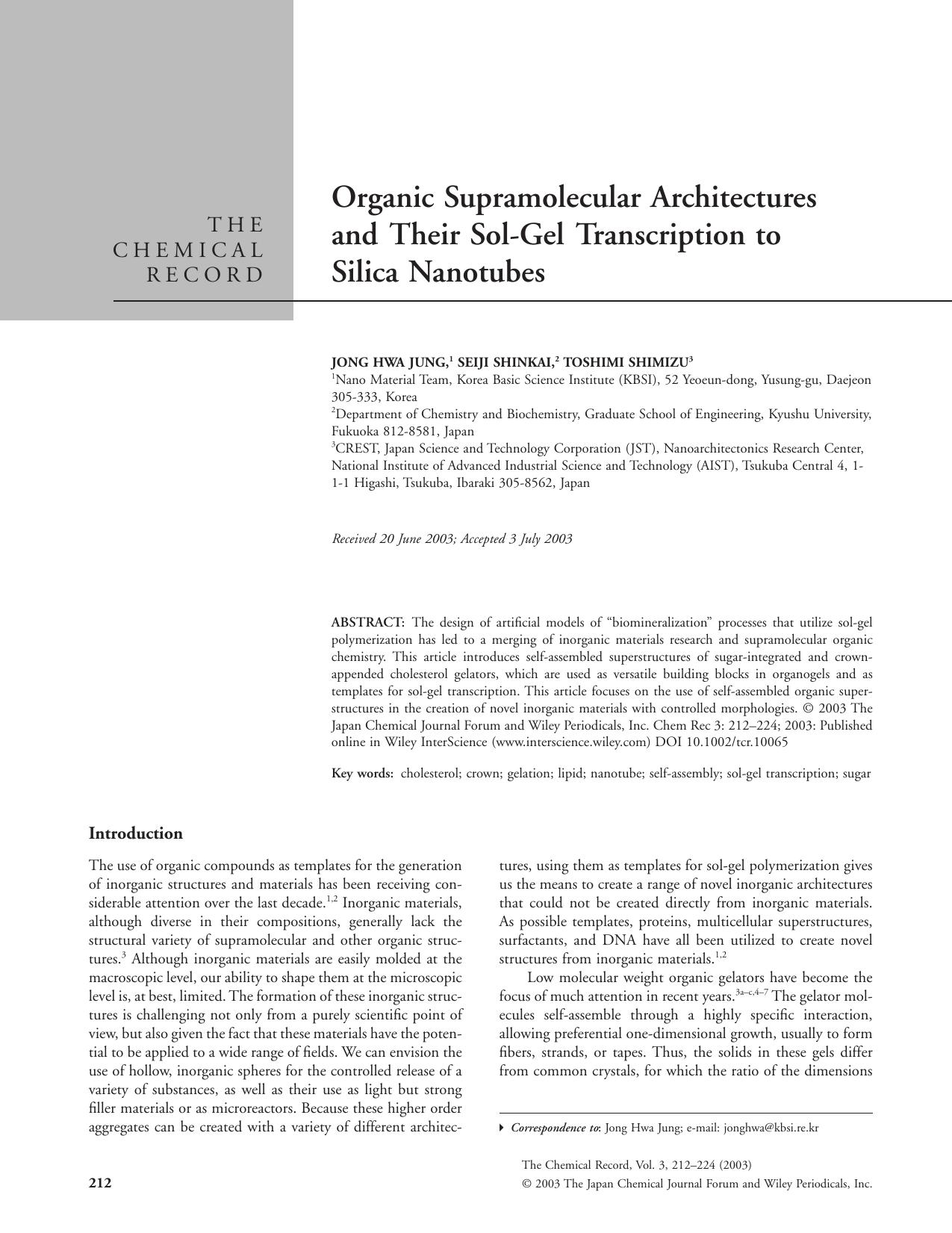 Organic supramolecular architectures and their sol-gel transcription to Silica nanotubes by Petty