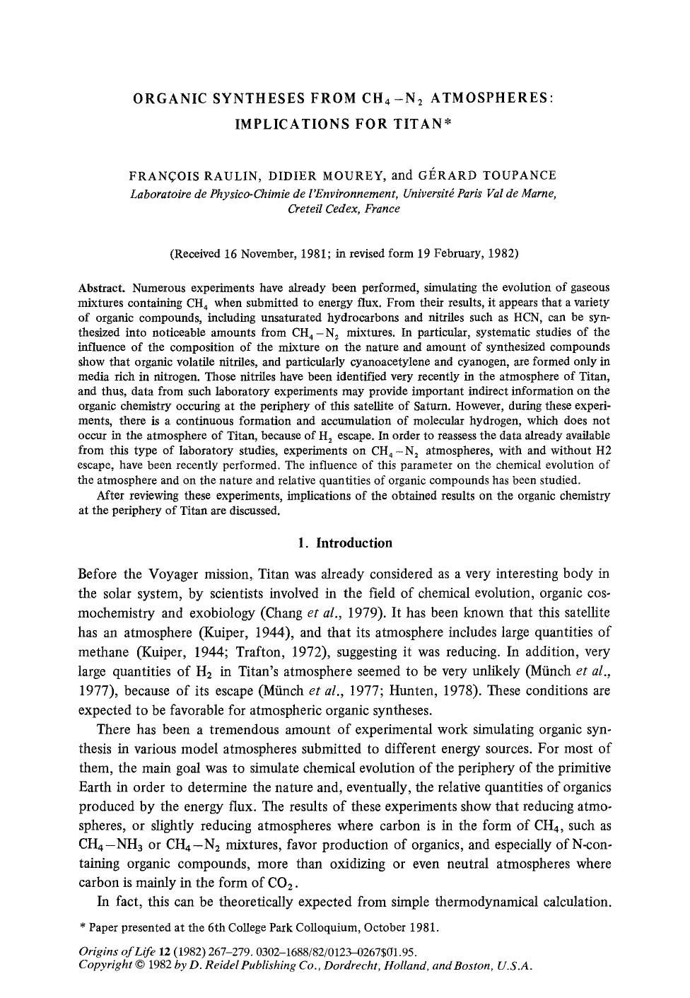 Organic syntheses from CH <Subscript>4 <Subscript>&#x2212;N <Subscript>2 <Subscript> atmospheres: Implications for Titan by Unknown