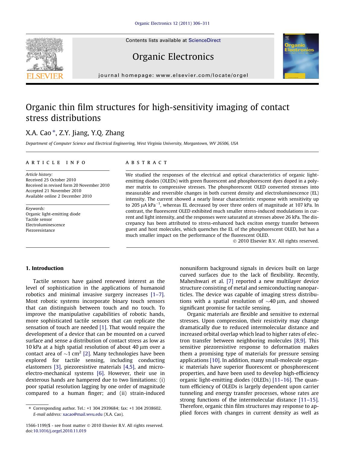 Organic thin film structures for high-sensitivity imaging of contact stress distributions by X.A. Cao & Z.Y. Jiang & Y.Q. Zhang