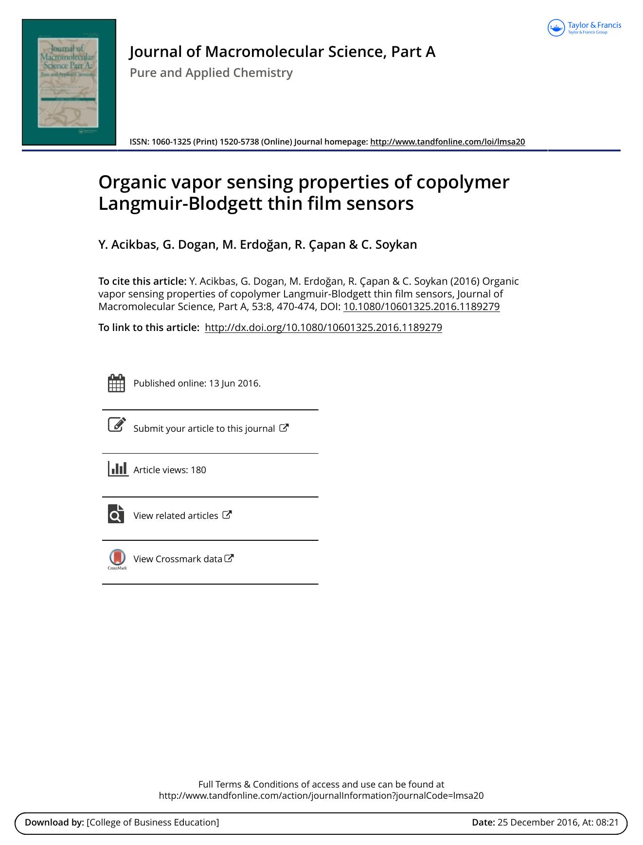 Organic vapor sensing properties of copolymer Langmuir-Blodgett thin film sensors by Y. Acikbas & G. Dogan & M. Erdoğan & R. Çapan & C. Soykan