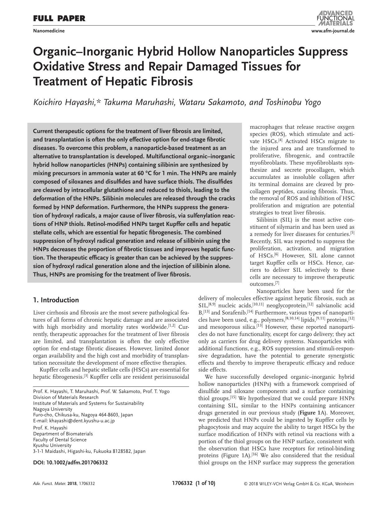 Organic–Inorganic Hybrid Hollow Nanoparticles Suppress Oxidative Stress and Repair Damaged Tissues for Treatment of Hepatic Fibrosis by Unknown