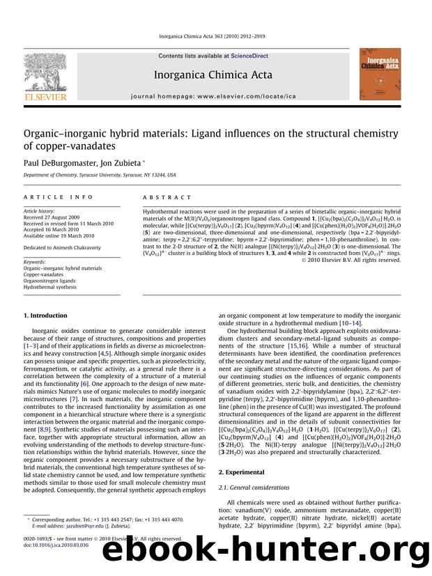 OrganicÃ¢â¬âinorganic hybrid materials: Ligand influences on the structural chemistry of copper-vanadates by Paul DeBurgomaster & Jon Zubieta