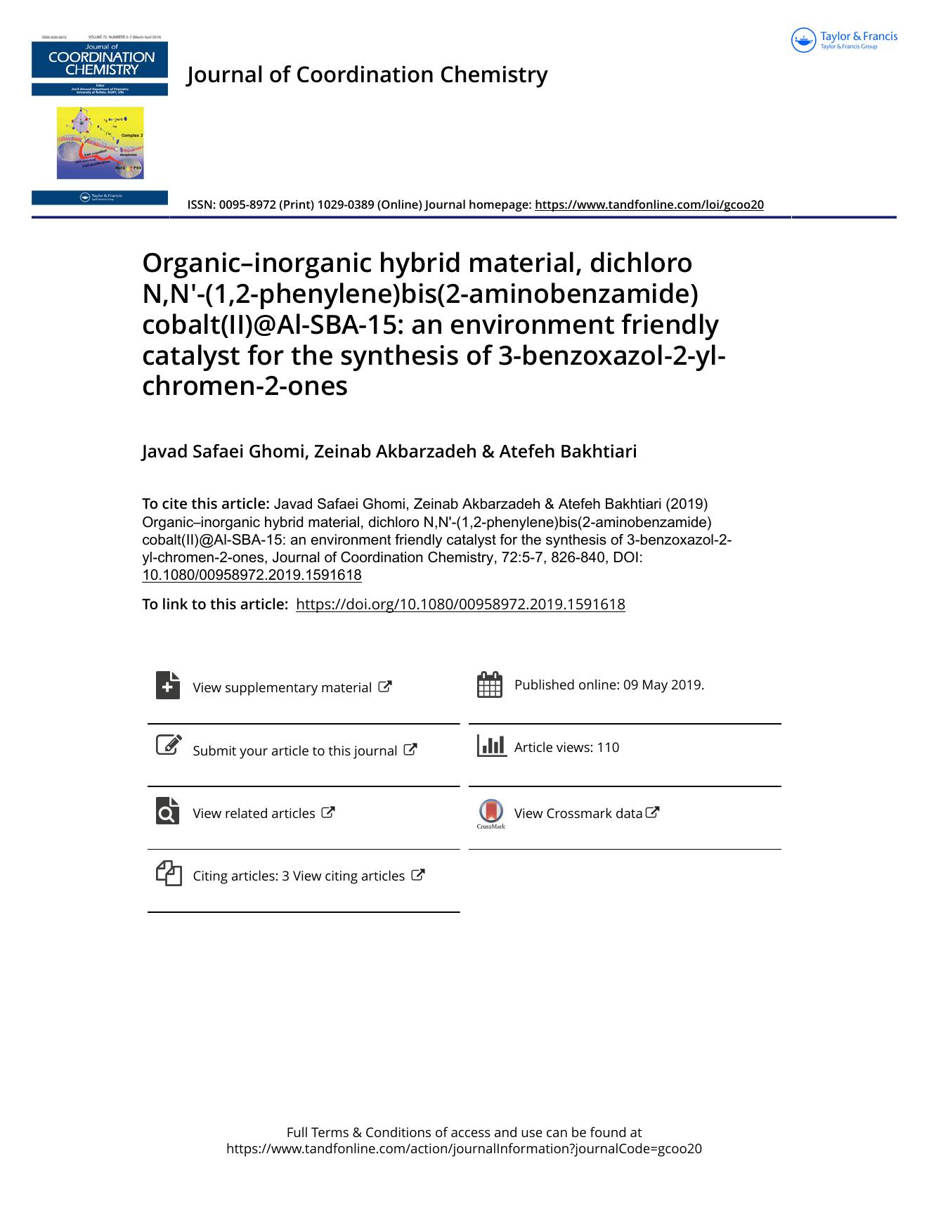 Organicâinorganic hybrid material, dichloro N,N'-(1,2-phenylene)bis(2-aminobenzamide) cobalt(II)@Al-SBA-15: an environment friendly catalyst for the synthesis of 3-benzoxazol-2-yl-chromen-2-ones by Safaei Ghomi Javad & Akbarzadeh Zeinab & Bakhtiari Atefeh