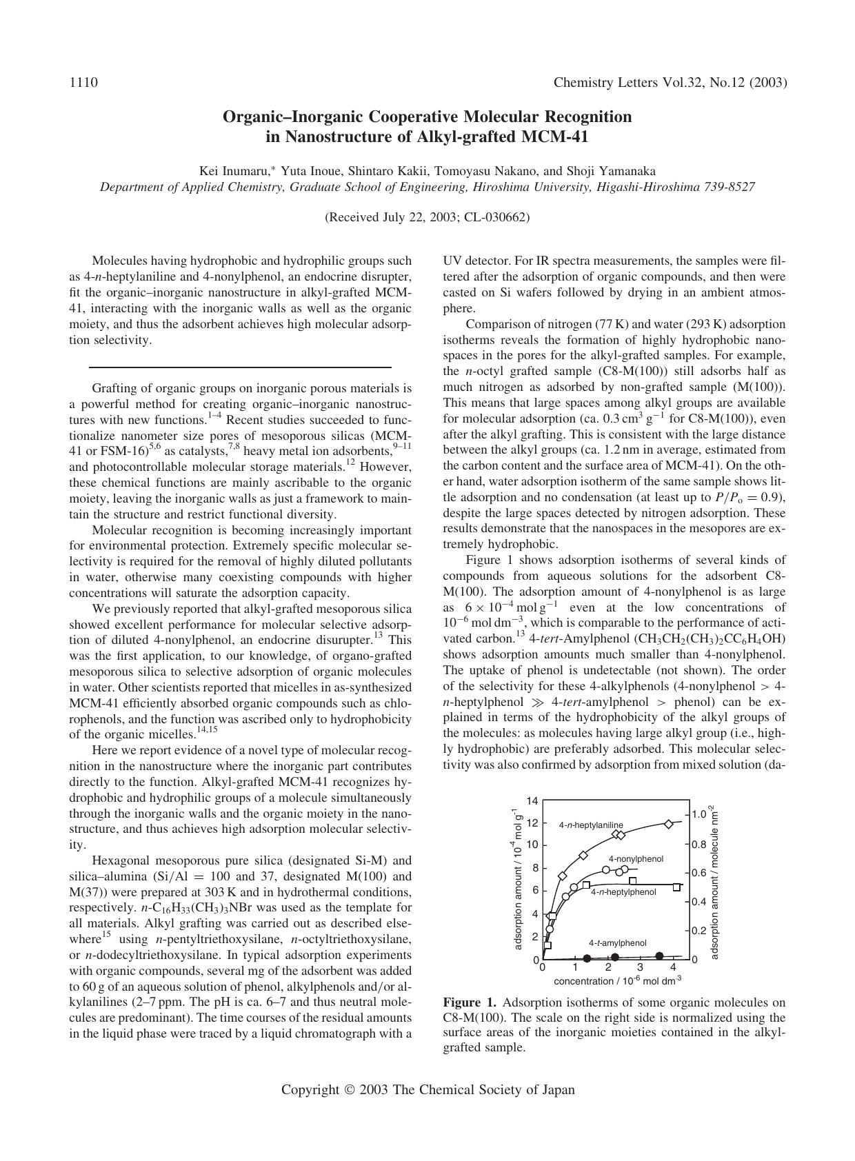 Organic--Inorganic Cooperative Molecular Recognition in Nanostructure of Alkyl-grafted MCM-41 by Kei Inumaru Yuta Inoue Shintaro Kakii Tomoyasu Nakano and Shoji Yamanaka