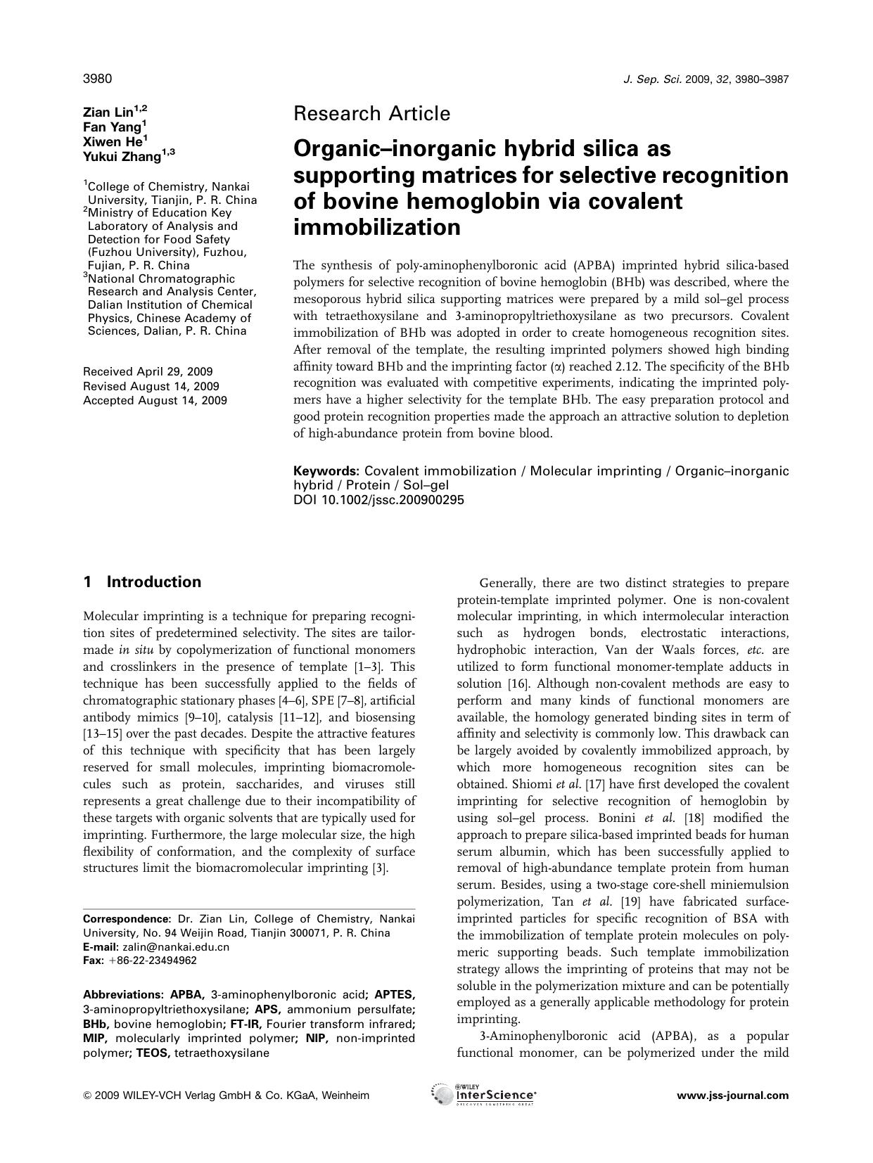 Organic-inorganic hybrid silica as supporting matrices for selective recognition of bovine hemoglobin via covalent immobilization by Unknown
