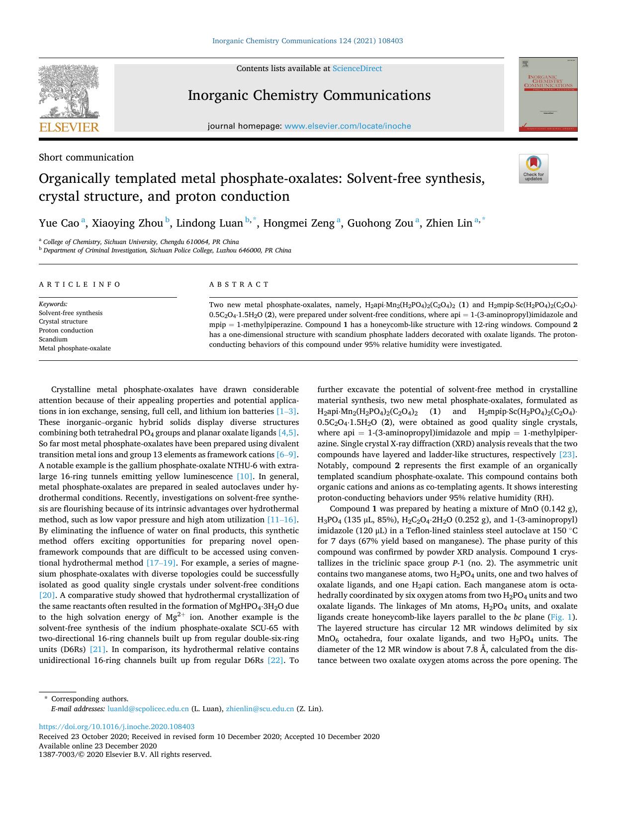 Organically templated metal phosphate-oxalates: Solvent-free synthesis, crystal structure, and proton conduction by Yue Cao