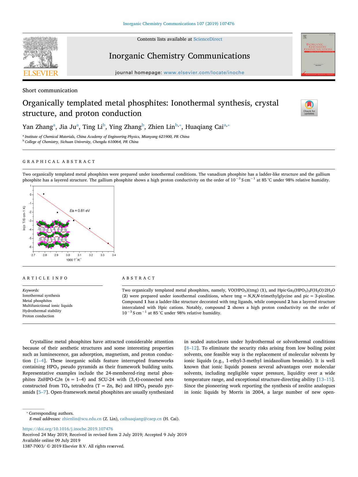 Organically templated metal phosphites_ Ionothermal synthesis, crystal structure, and proton conduction by Yan Zhang & Jia Ju & Ting Li & Ying Zhang & Zhien Lin & Huaqiang Cai